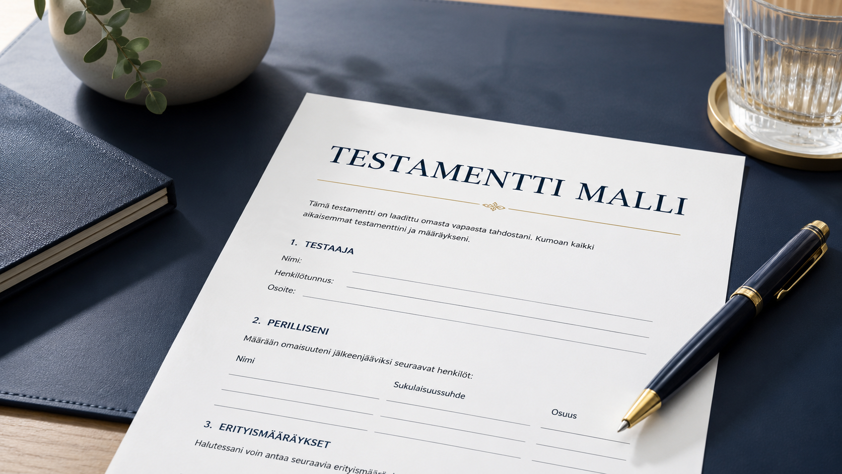 Testamentti malli asiakirjana pöydällä